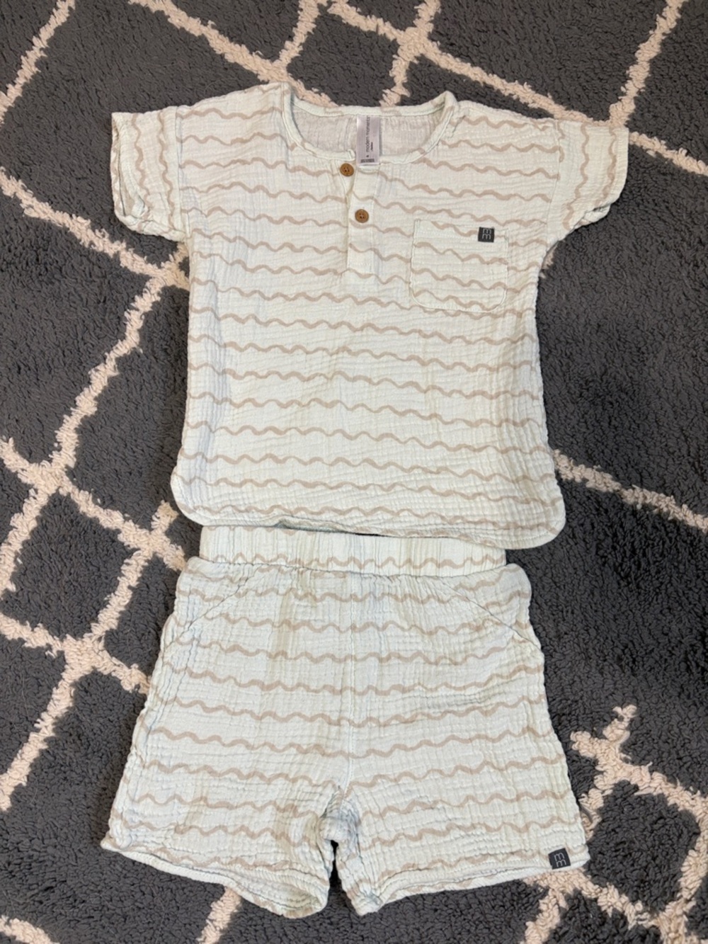 Neutral Wavy Stripe Two-Piece Top & Shorts Set